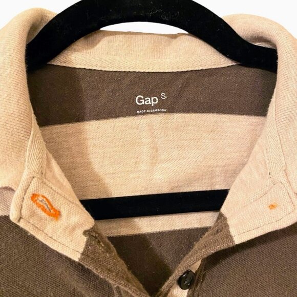GAP Y2K Polo Shirt Womans S Green Tan Striped Classic Cap Sleeve Slim Fit EUC - Picture 3 of 5